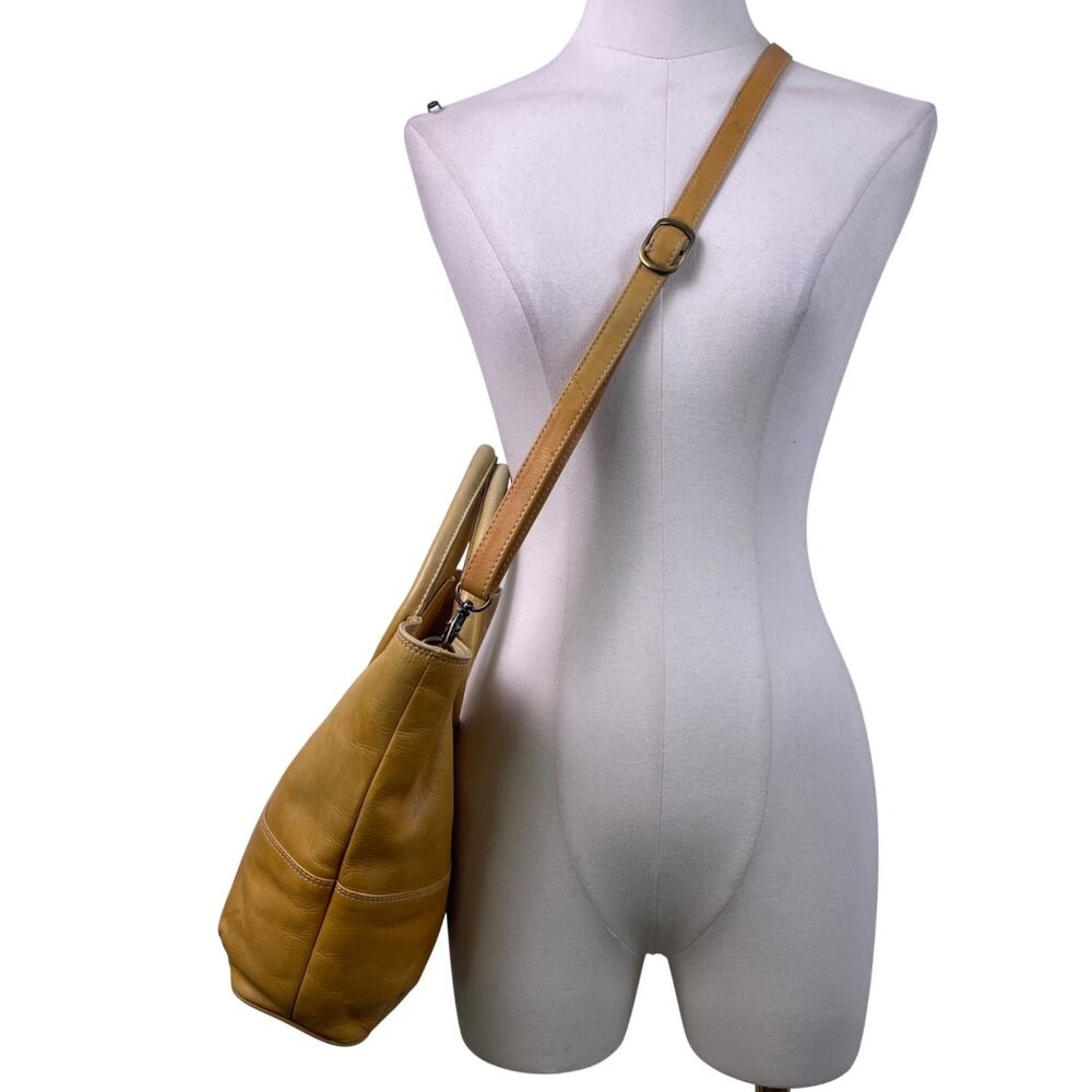 Chaos Tan Leather Crossbody Strap Circular Handles & Snap Closure Tote Bag - Picture 8 of 10
